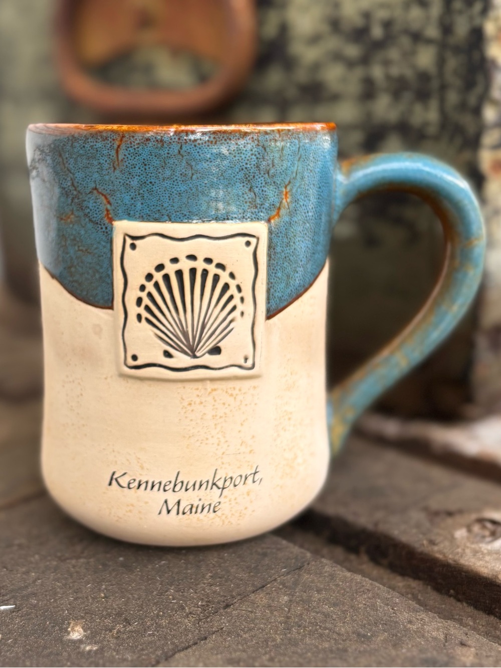 Kennebunkport Maine Shell Accent Ceramic Mug - Blue and Cream